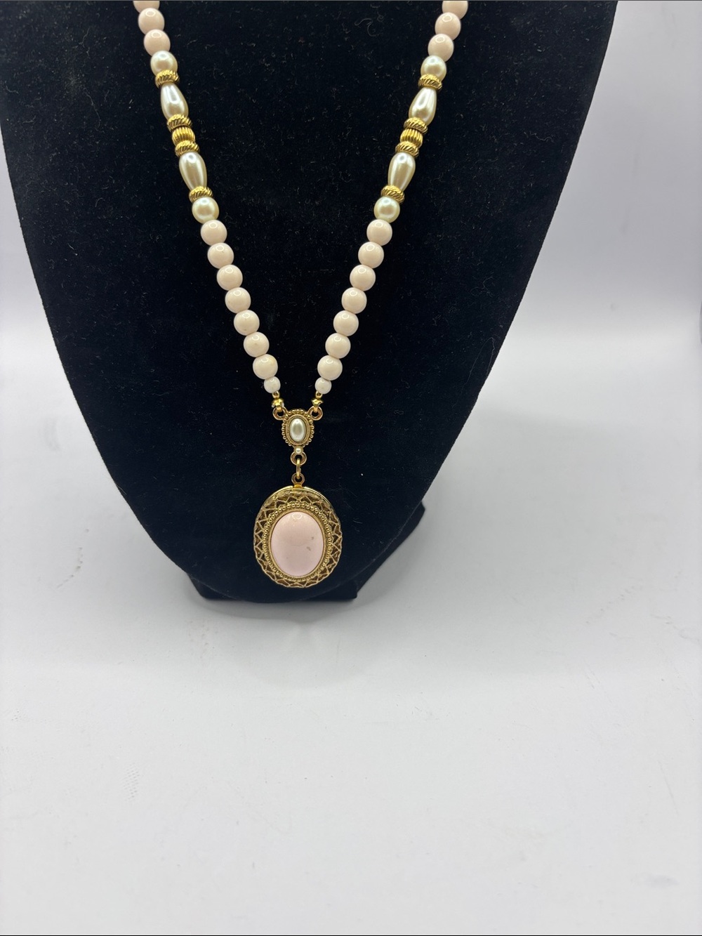 1928 Gold-Tone Locket with Pale Pink Cabochon and Ivory Beads